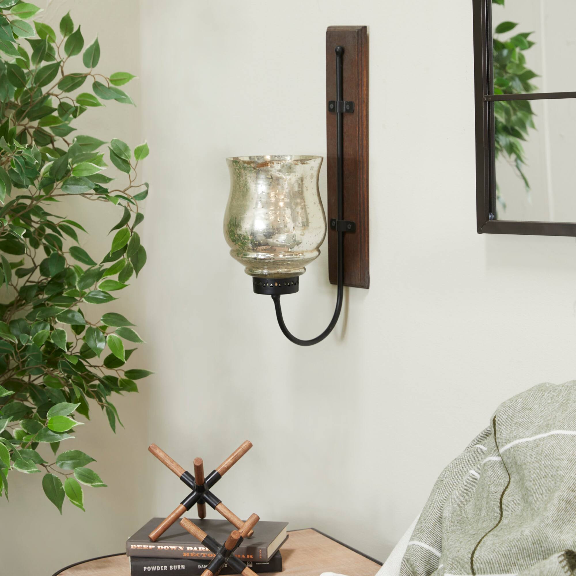 Brown Mango Wood Traditional Candle Wall Sconce, 21" x 9" x 4"